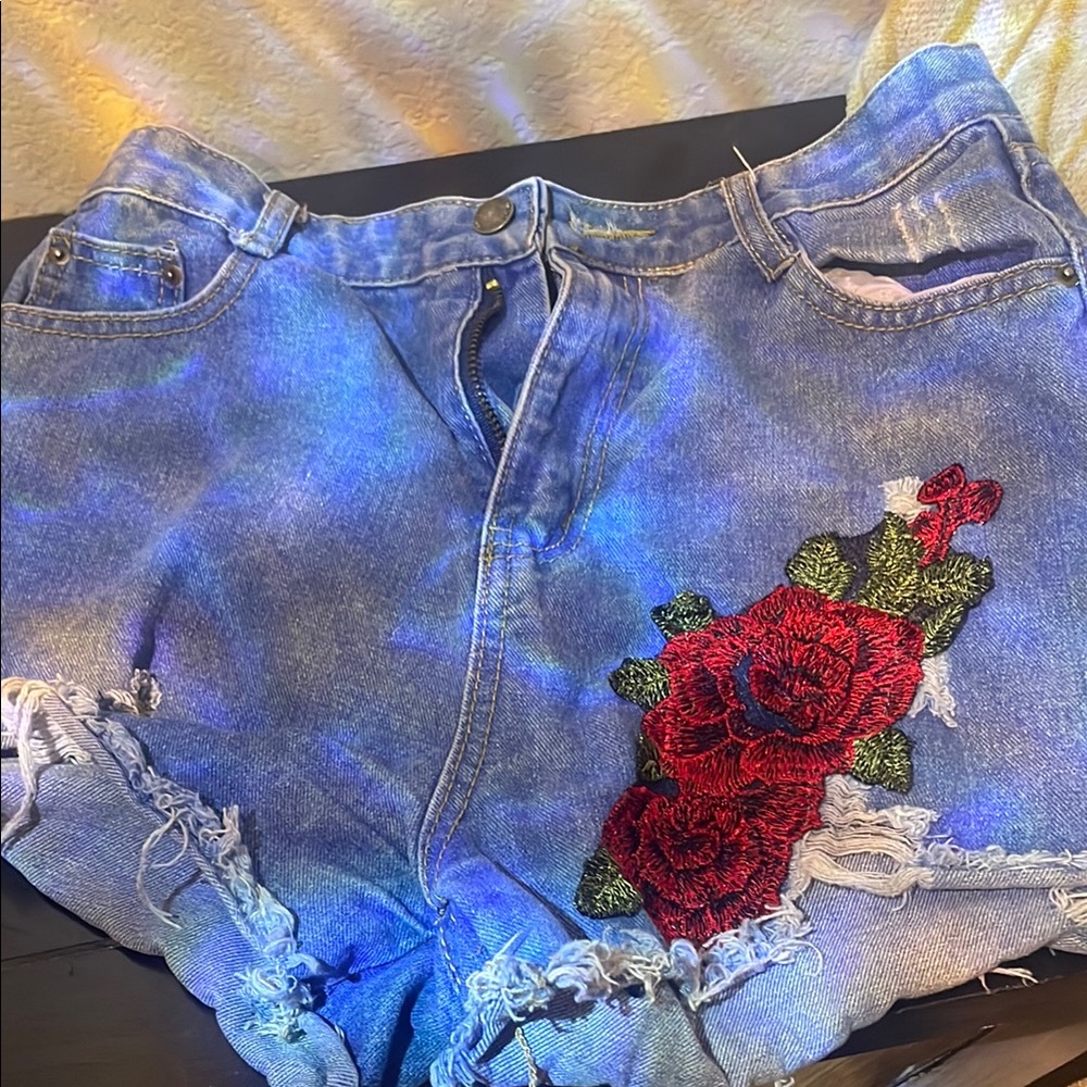 Embroidered Denim Shorts with Red Floral Design